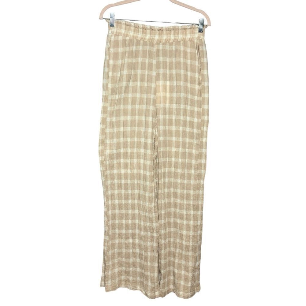 Show Me Your Mumu “Roitman” Beige Gingham Gauze Wide Leg Pants Size M NEW